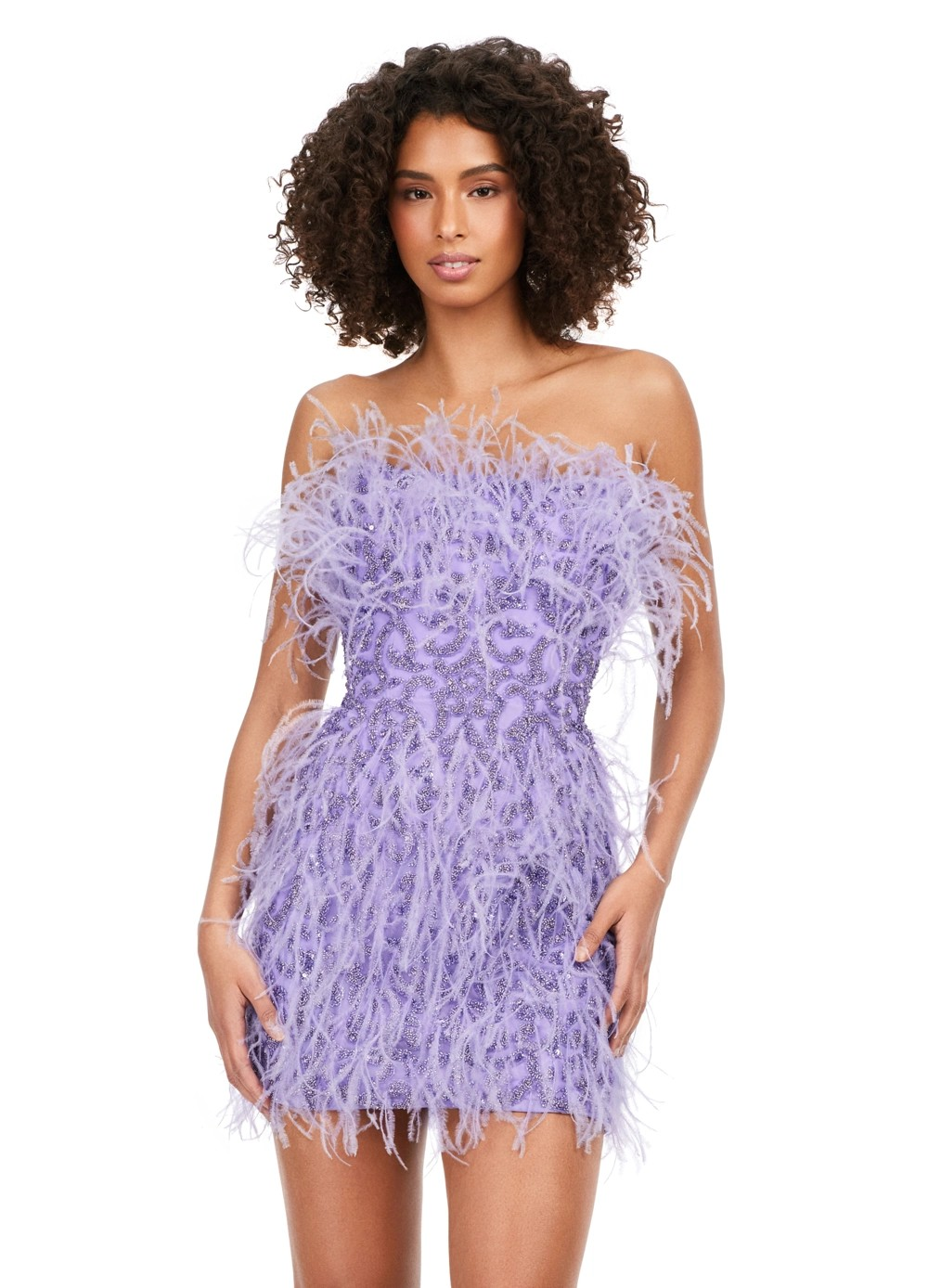 Lilac mini dress with intricate swirl beadwork and feather accents, offering a bold and dramatic look for a statement evening style.