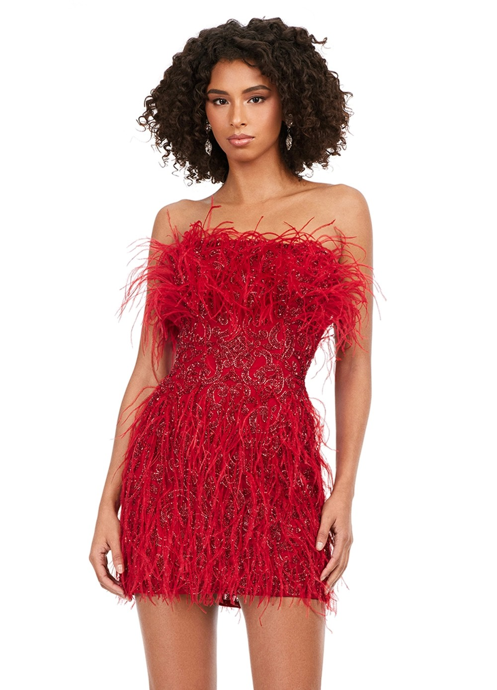 Red mini dress with intricate swirl beadwork and feather accents, offering a bold and dramatic look for a statement evening style.
