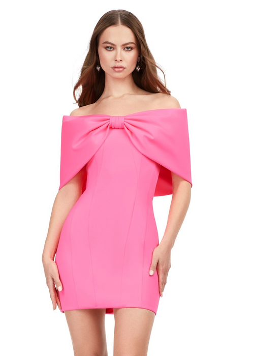Misha Mini Dress | Hot-Pink Statement evening mini dress with signature bow design, body sculpting fit and modern sophistication
