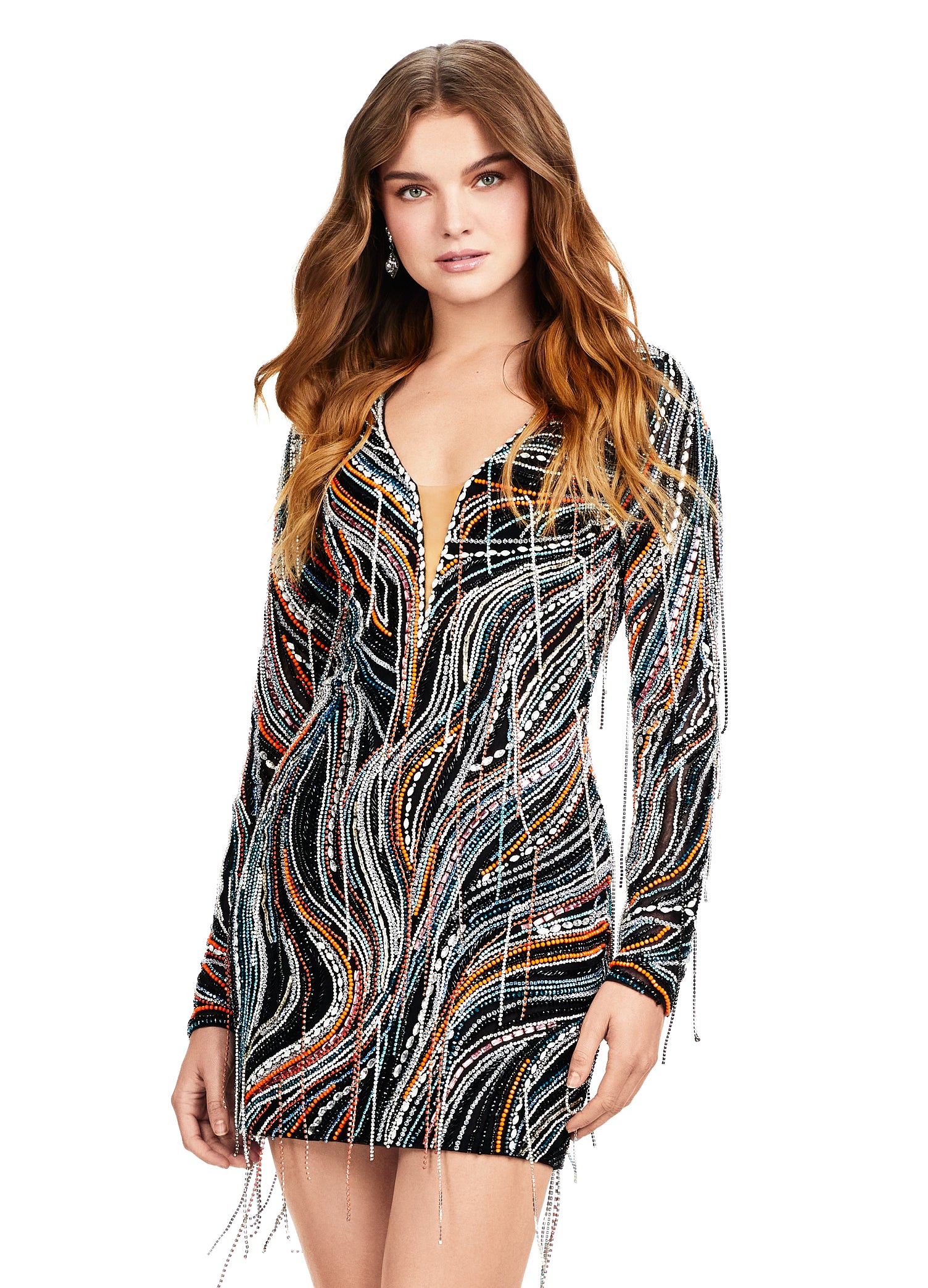 Embellished Long-Sleeve Mini Dress with Fringe Detailing