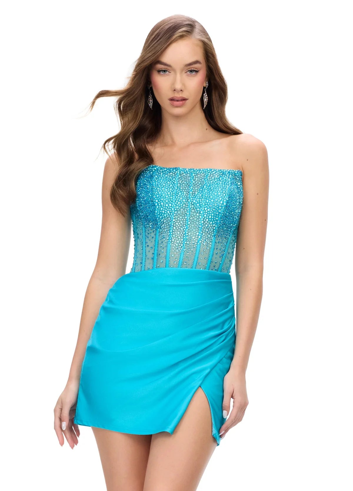 Aqua strapless cocktail dress with a beaded bodice and sheer detailing, paired with a draped mini skirt featuring a side slit for an elegant evening look.