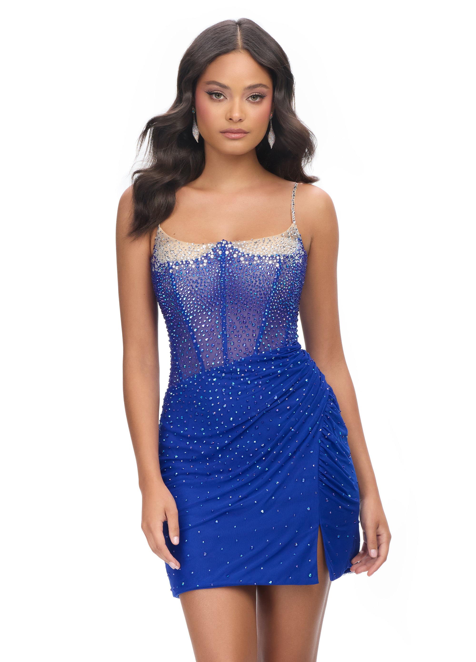 Chic blue mini dress with sparkling crystal embellishments, featuring a fitted bodice with delicate straps and a flattering side slit, perfect for a glamorous evening look.