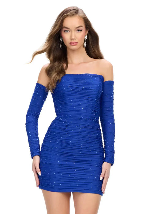 Dana Mini Dress | Royal Strapless Formal Mini Dress with Ruched Bodice, Heat Set Stones, Detachable Sleeves and Silver Nude Sheer Sparkle for Cocktail, Holiday and Resort Events