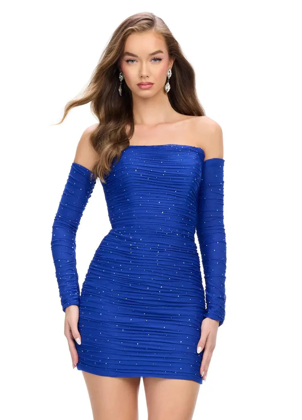 Striking royal blue mini dress featuring an off-the-shoulder design, long fitted sleeves, ruched detailing, and subtle sparkling embellishments for a chic and modern look.