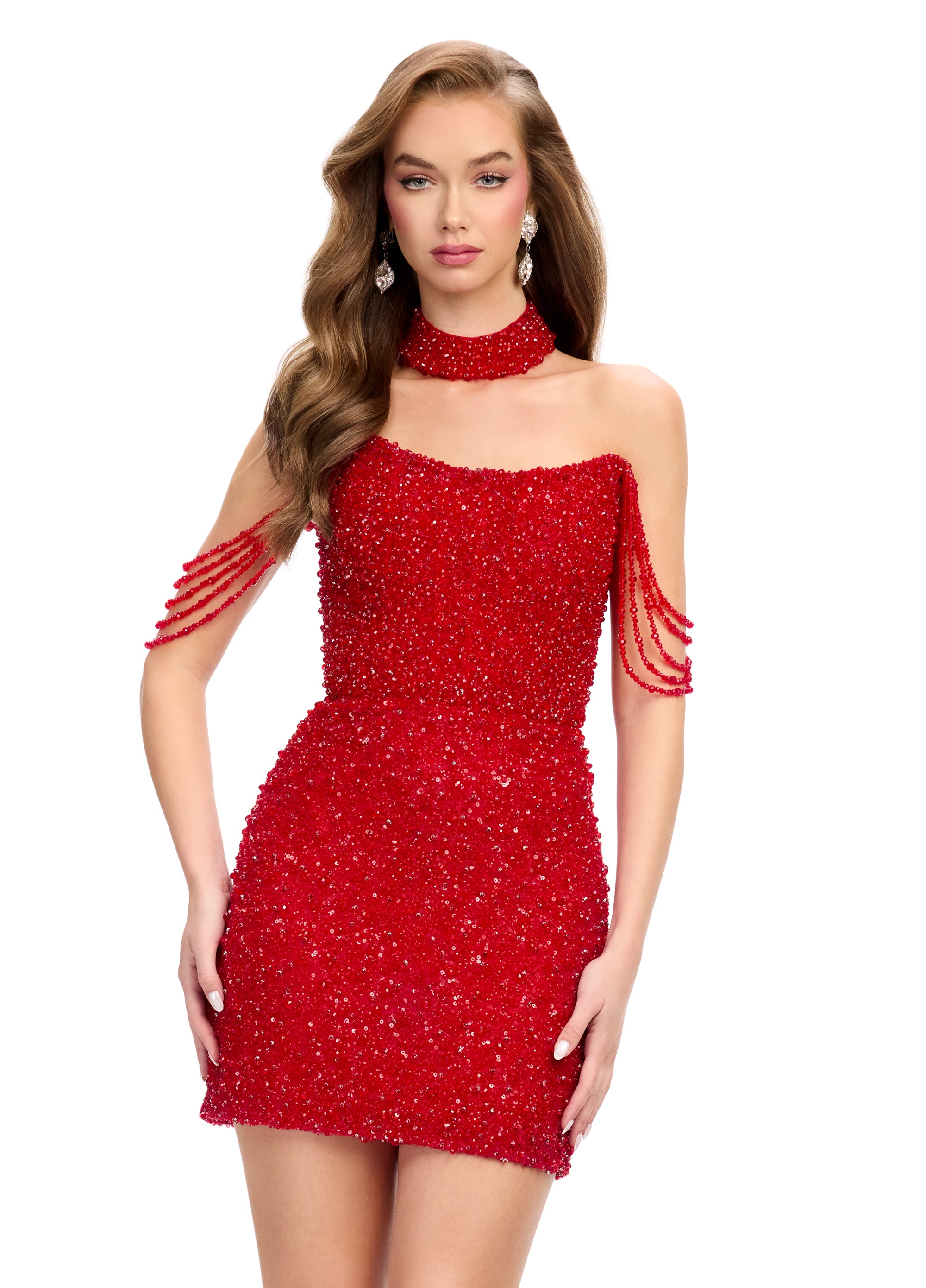 Luxurious off-the-shoulder red mini dress adorned with pearl embellishments, featuring a choker neckline and elegant draped shoulder detailing.