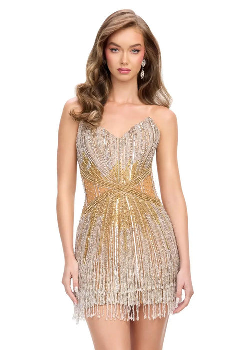 Briella Mini Dress | Silver-Gold strapless mini dress featuring a hand beaded corset bodice and fringe adorned skirt, offering sparkle, structure and playful movement for parties, galas and glamorous nights out