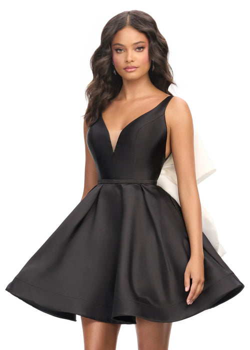 Kayali Mini Dress | Black Sleeveless A-line cocktail dress with deep V-neckline, fitted bodice, and voluminous pleated skirt.