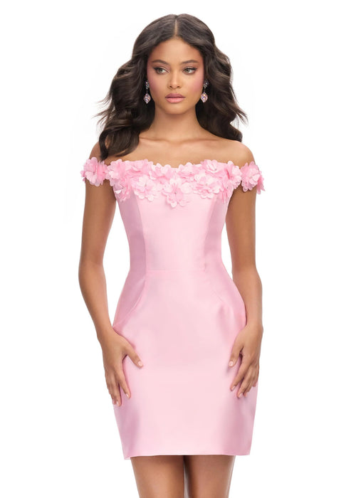 Kady Mini Dress | Pink Off-shoulder mini dress with floral appliqué neckline, fitted silhouette, and feminine cocktail design.