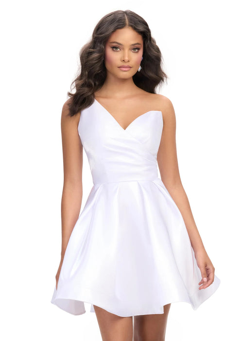 Taesha Mini Dress | White Satin A line mini dress with one shoulder neckline, ruched bustier and timeless bridal inspired elegance