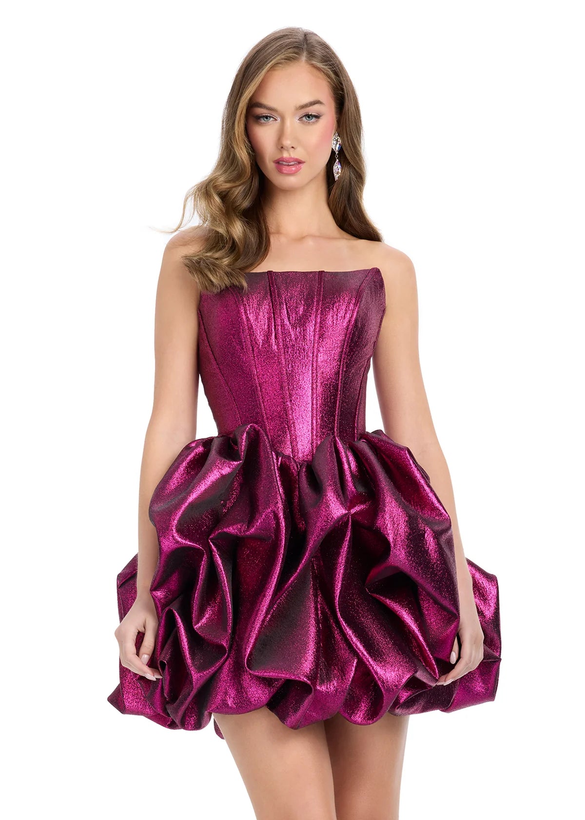 Fuchsia metallic mini dress with a strapless structured bodice and dramatic ruched bubble skirt, exuding bold elegance and high-fashion flair.