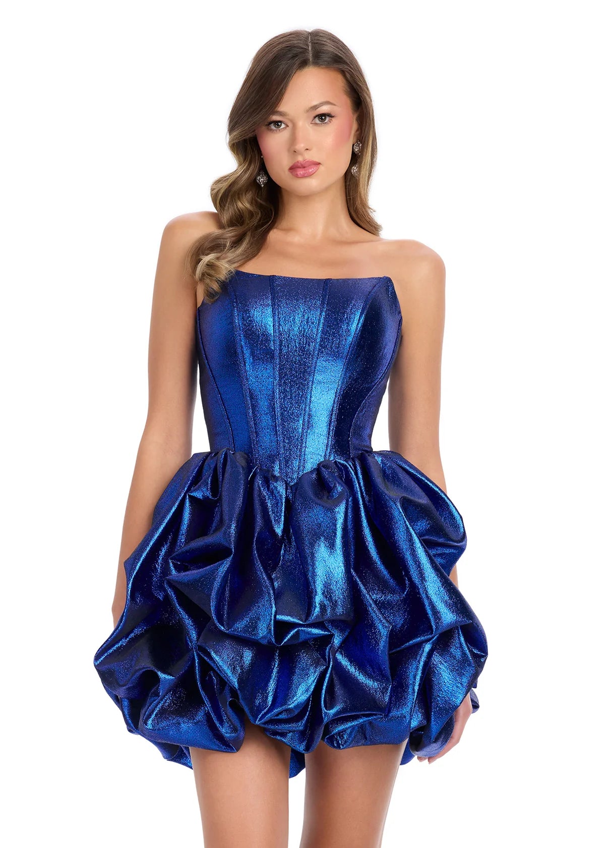 Royal blue metallic mini dress with a strapless structured bodice and dramatic ruched bubble skirt, exuding bold elegance and high-fashion flair.