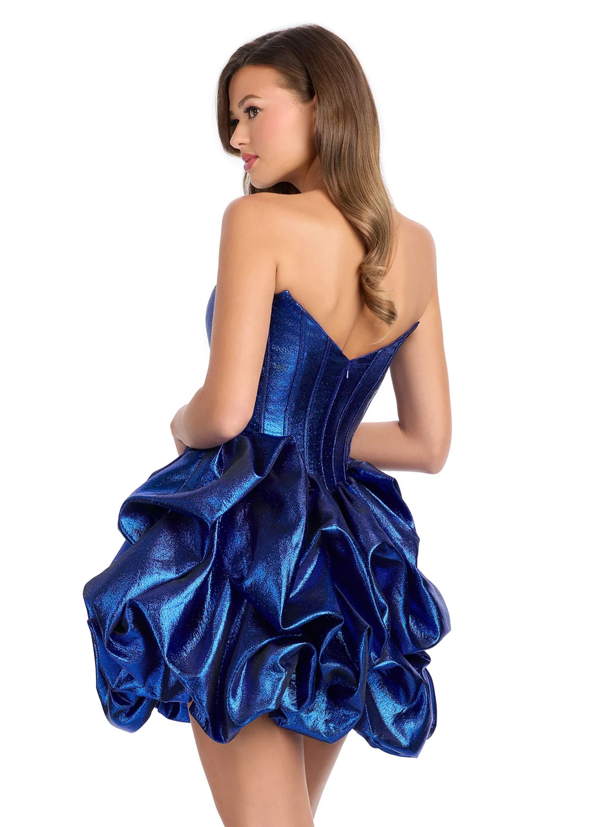 Back view -Royal blue metallic mini dress with a strapless structured bodice and dramatic ruched bubble skirt, exuding bold elegance and high-fashion flair.