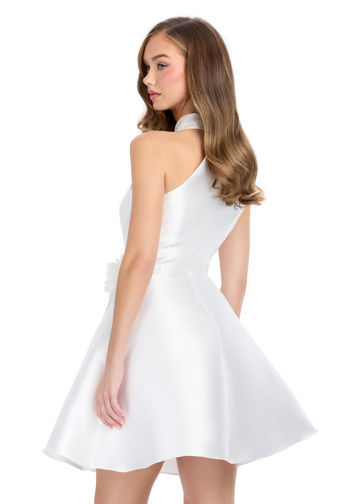Back View - White halter-neck mini dress with a flared skirt and floral detail at the waist.