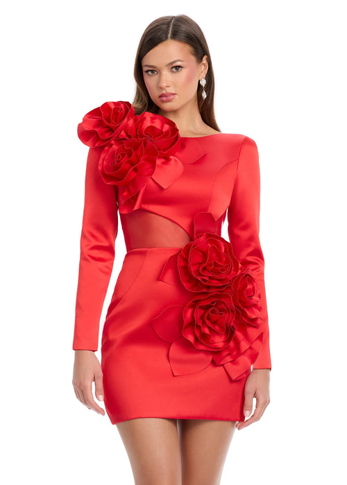 Nevali Mini Dress | Red Bold satin mini dress with long sleeves, sculpted fit and dramatic 3D floral appliqué