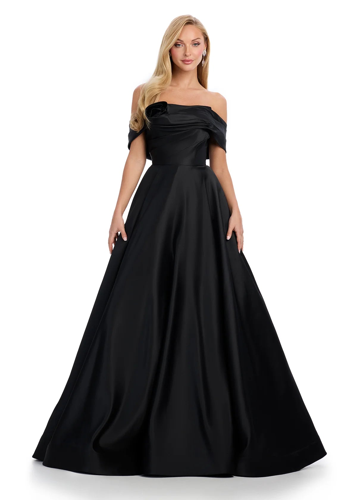 An elegant off-the-shoulder black ball gown featuring a structured bodice and a full satin skirt, perfect for formal occasions or a grand entrance.