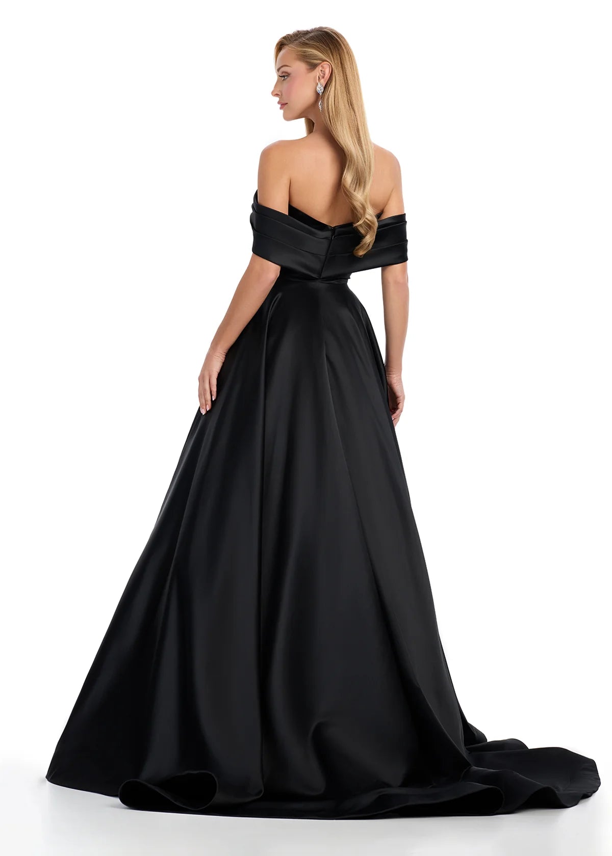 Back view of an elegant off-the-shoulder black ball gown featuring a structured bodice and a full satin skirt, perfect for formal occasions or a grand entrance.