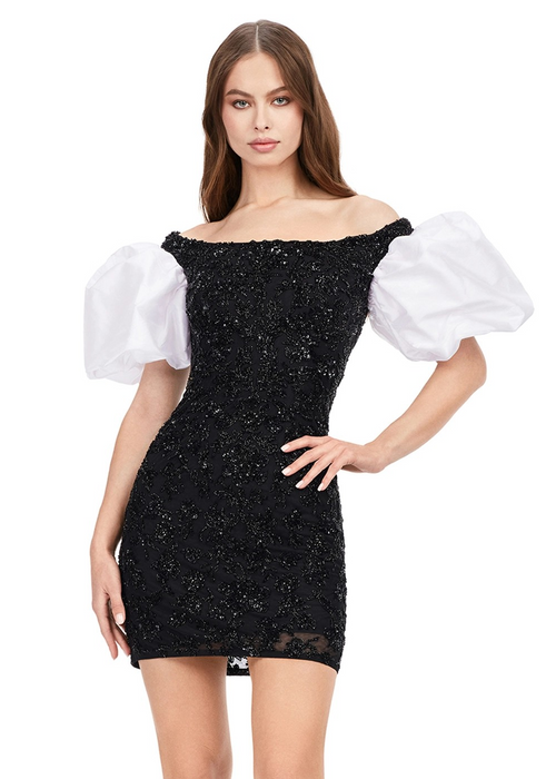 Zara Mini Dress | Black off-shoulder mini dress with white puff sleeves, beaded fitted skirt, and shimmering details for elegant evening style.