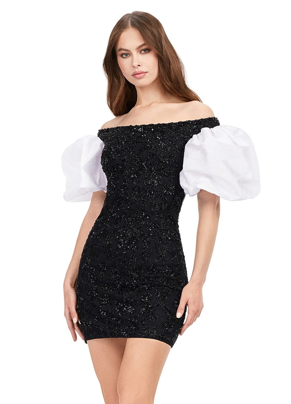 Off-The-Shoulder Black Mini Dress With Intricate Beaded Embellishments And Contrasting White Puff Sleeves.