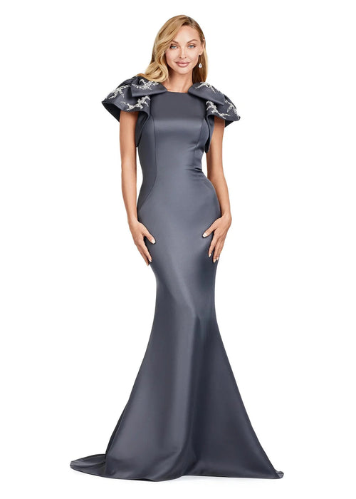 Kiara Gown | Charcoal Mermaid gown with ruffle shoulder accents, fitted silhouette, and dramatic floor-length train.