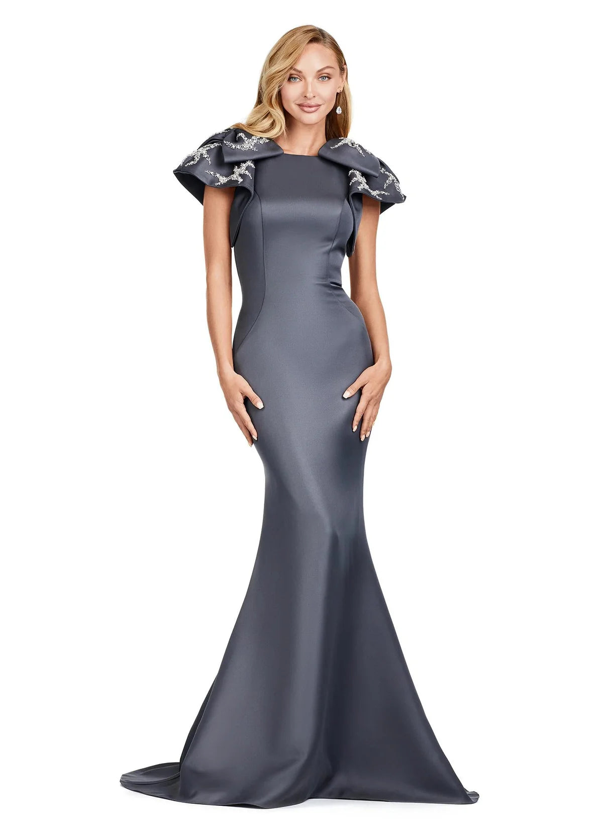 Mermaid gown with structured ruffle shoulder details, a fitted silhouette, and a floor-length train for a timeless and sophisticated appearance.
