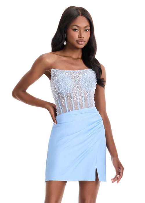 Daria Mini Dress | Sky Strapless Occasion Mini Dress with Intricately Beaded Mesh Bodice, Smooth Jersey Skirt, Side Ruching and Tailored Fit for Proms, Cocktail Parties and Formal Evenings