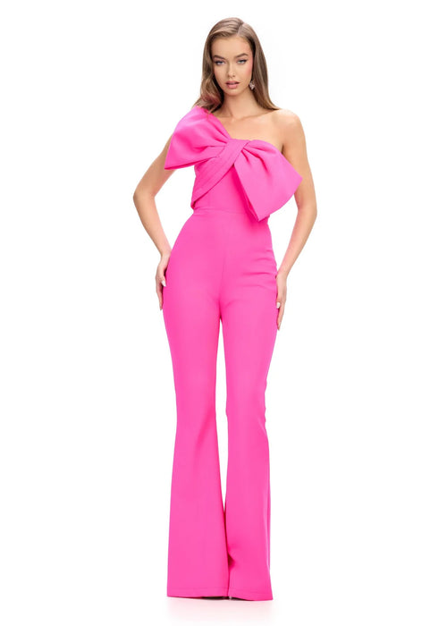 Torrance Jumpsuit | Fuchsia Bold one-shoulder jumpsuit with oversized bow and wide-leg trousers for a striking silhouette