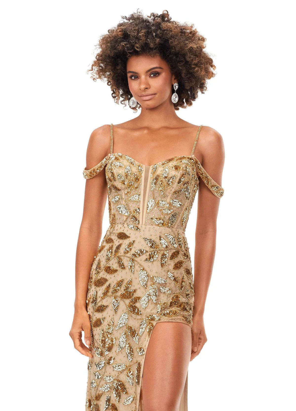 Gold Off-Shoulder Gown With Leaf Embellishments And High Slit