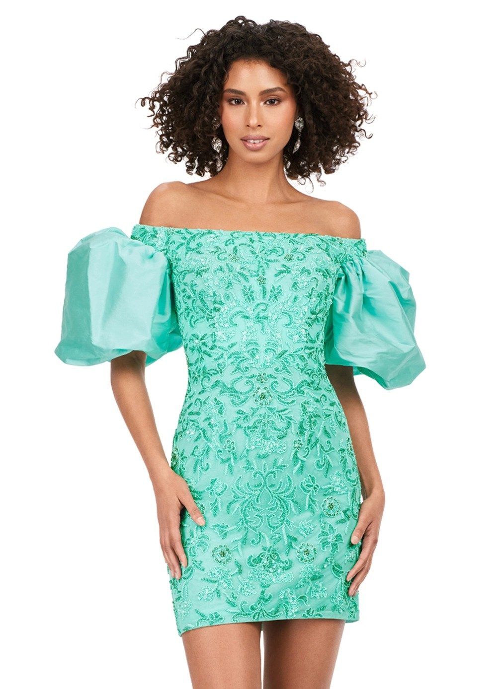 Green Off-The-Shoulder Mini Dress With Intricate Beading And Oversized Puff Sleeves.