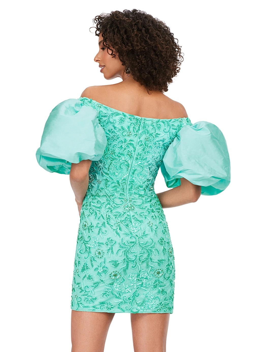 Green Off-The-Shoulder Mini Dress With Intricate Beading And Oversized Puff Sleeves. Back View.