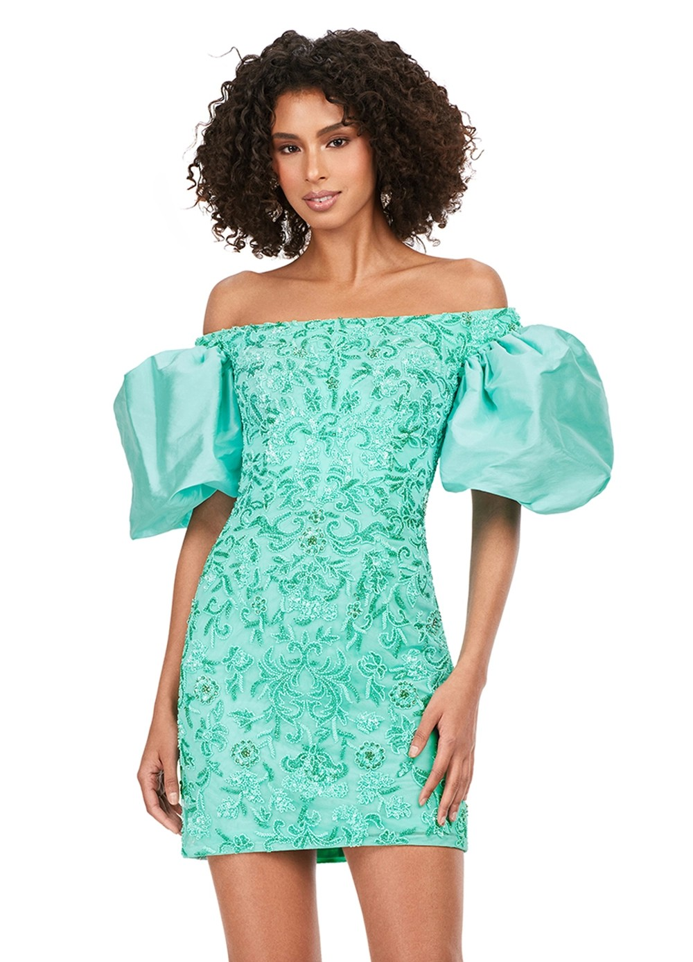  Off-The-Shoulder Mini Dress  in Green With Intricate Beading And Oversized Puff Sleeves.