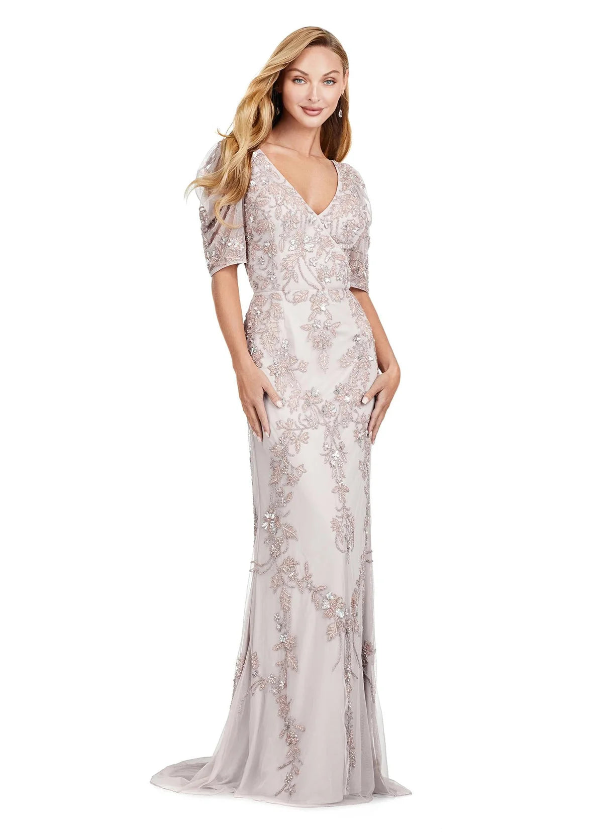 Stunning ivory gown with floral embroidery, sheer detailing, ruched puff sleeves, and a modest scoop back
