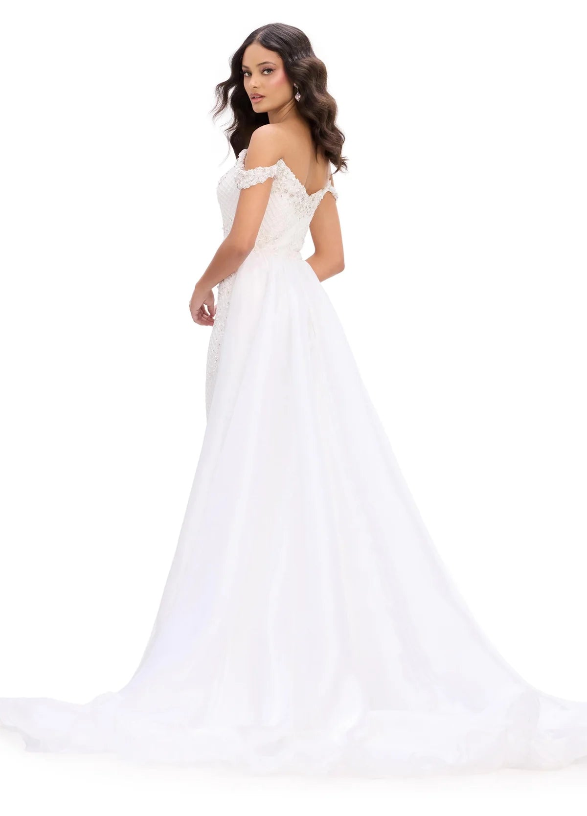 Back view - Graceful ivory mermaid gown featuring delicate off-the-shoulder straps, intricate beading, and a tulle overlay train for a sophisticated and ethereal finish.