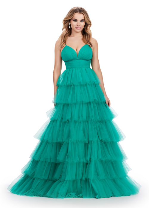 Maya Gown | Jade Tiered tulle ball gown with ruched bustier and spaghetti straps