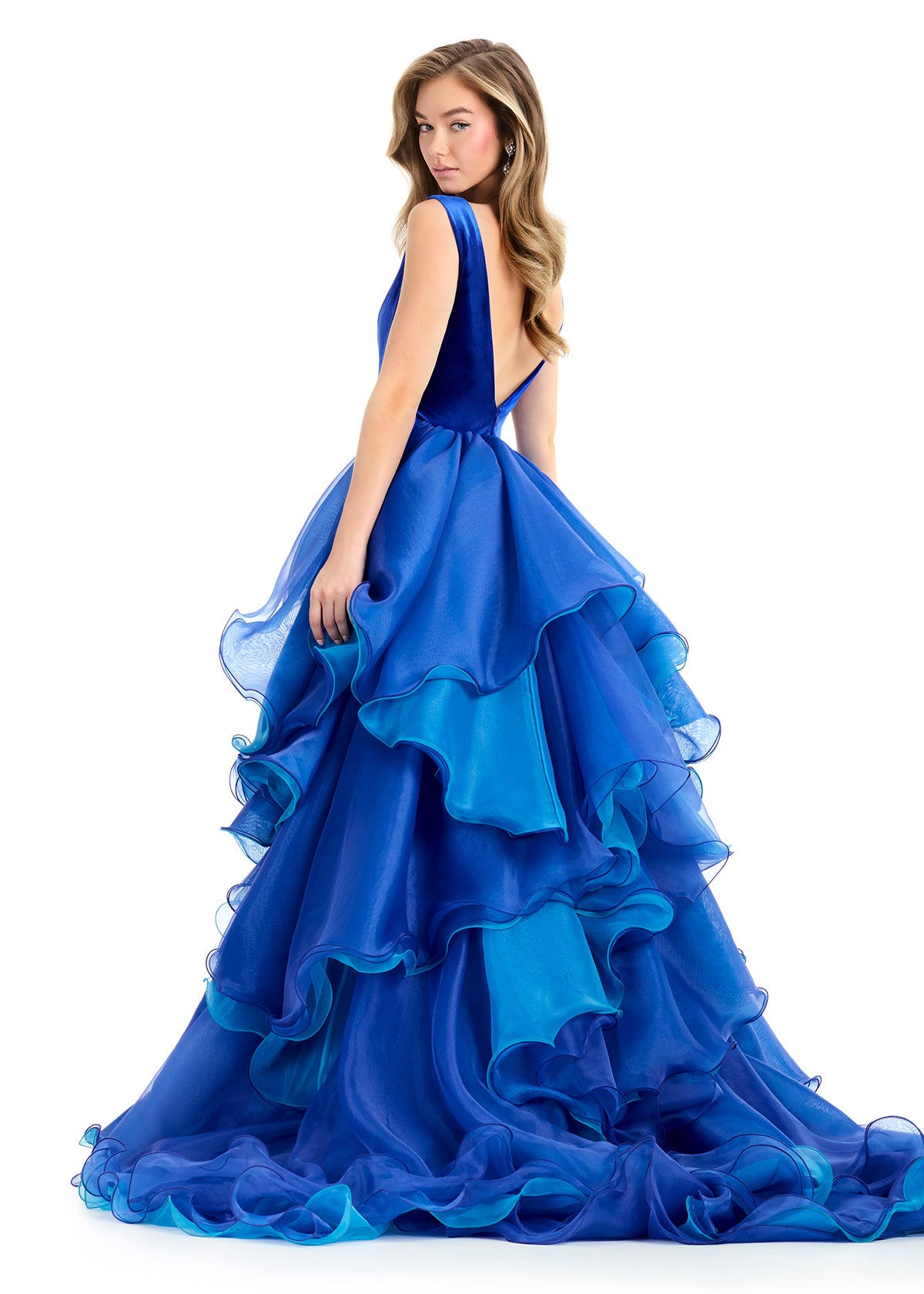 Kira Gown | Royal-Turquoise Statement gown featuring structured velvet bodice, flowing ruffle skirt, and refined V-back
