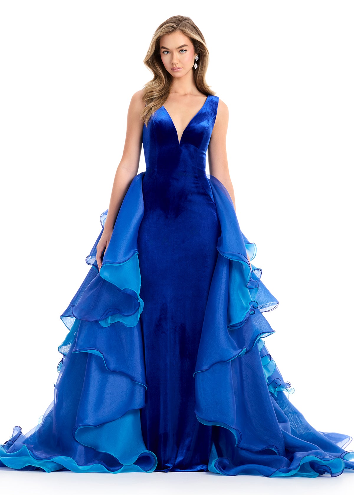 Kira Gown | Royal-Turquoise Evening gown with velvet bodice, dramatic organza ruffle skirt, and elegant V-back design.