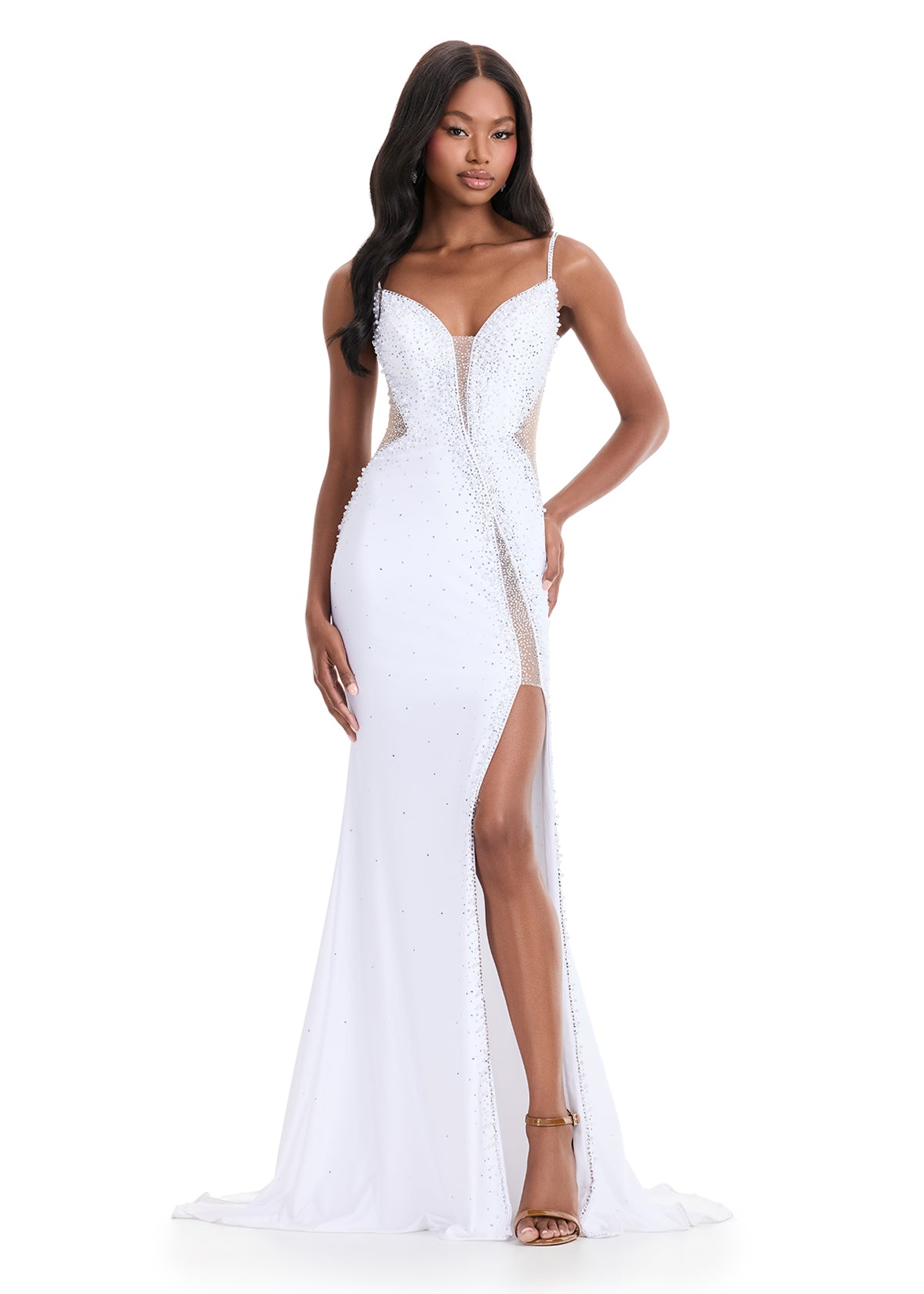 Lara Gown | White Jersey evening dress with sweetheart neckline and beaded bodice