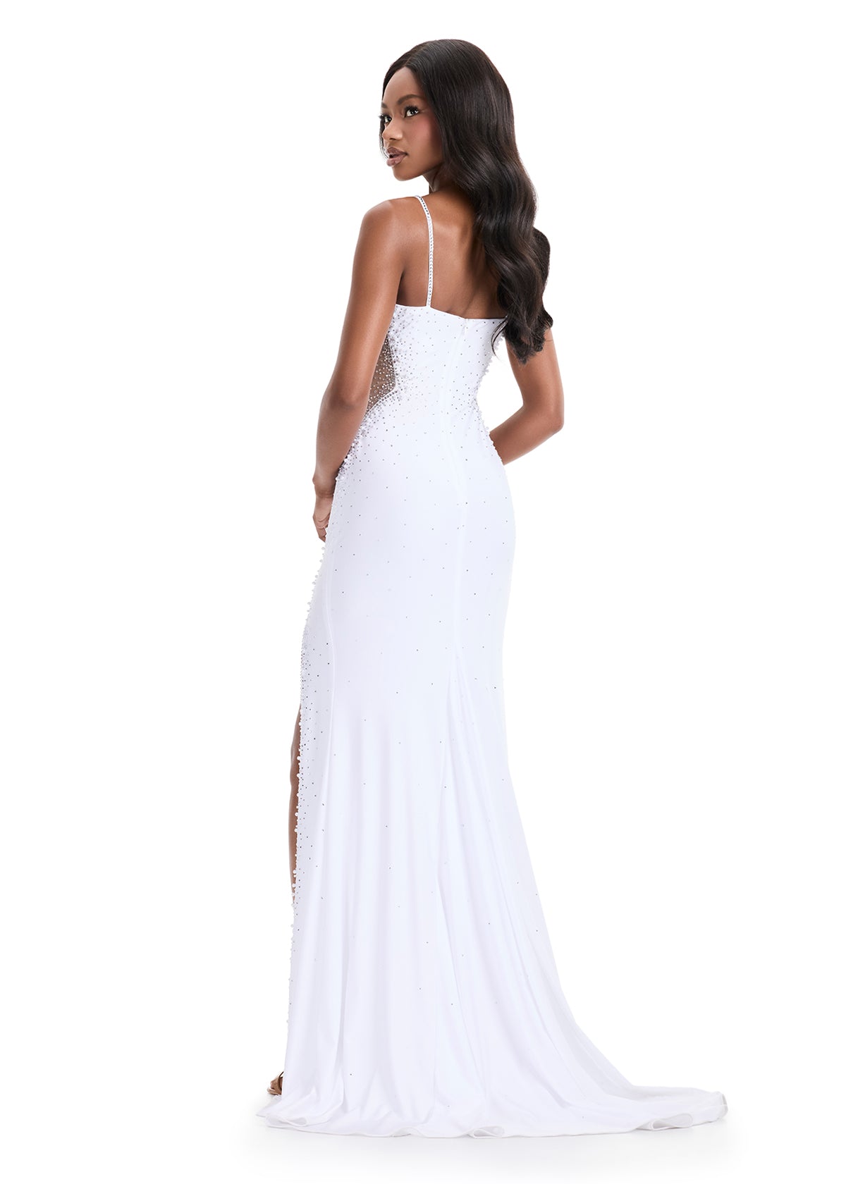 Lara Gown | White jersey gown with sweetheart neckline, slim straps, delicate beading, and flared skirt with front slit