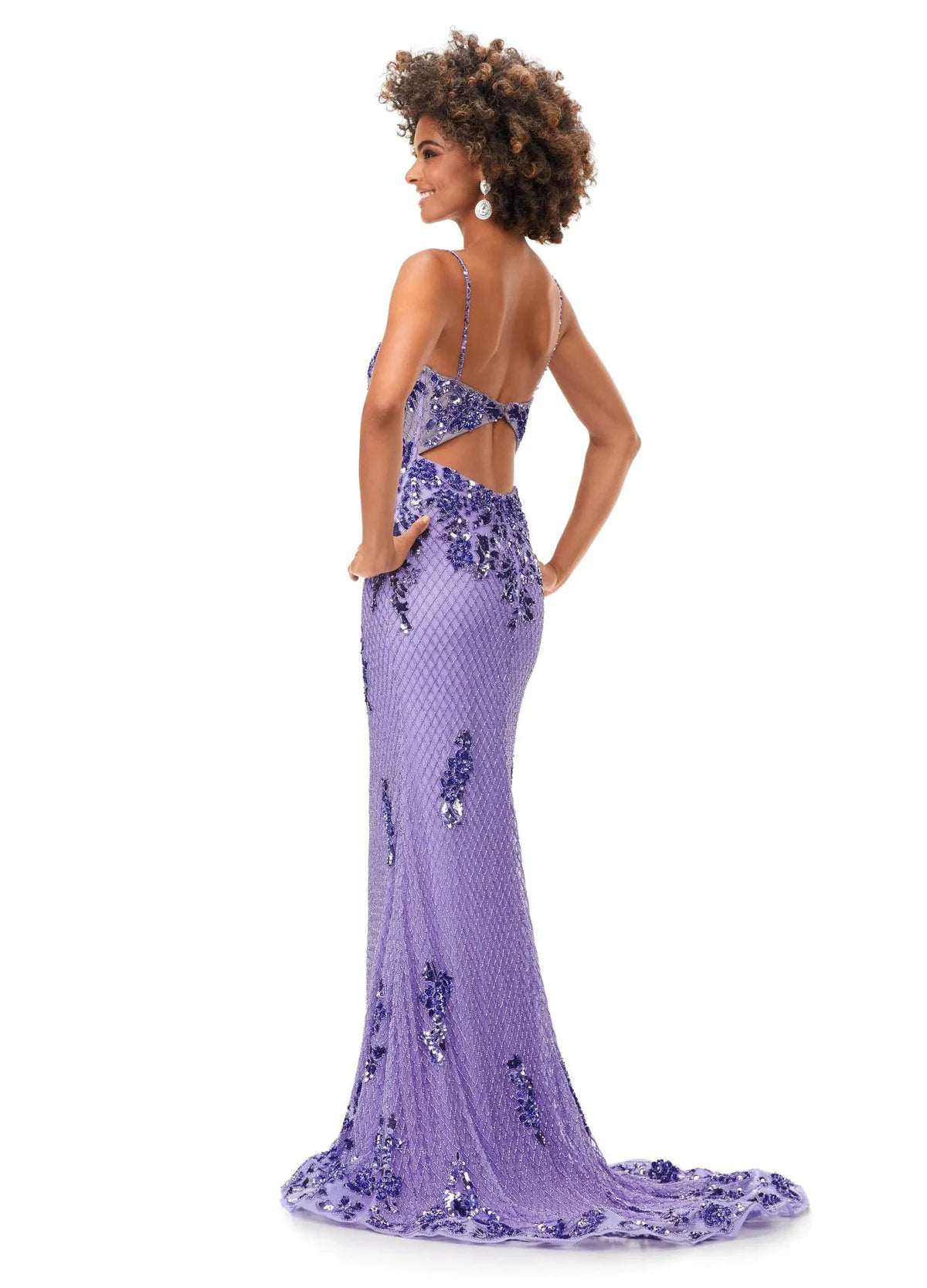 Back view - Lilac mermaid gown adorned with intricate floral appliqués and shimmering sequins, featuring a sheer bodice and delicate spaghetti straps for an ethereal and elegant look.