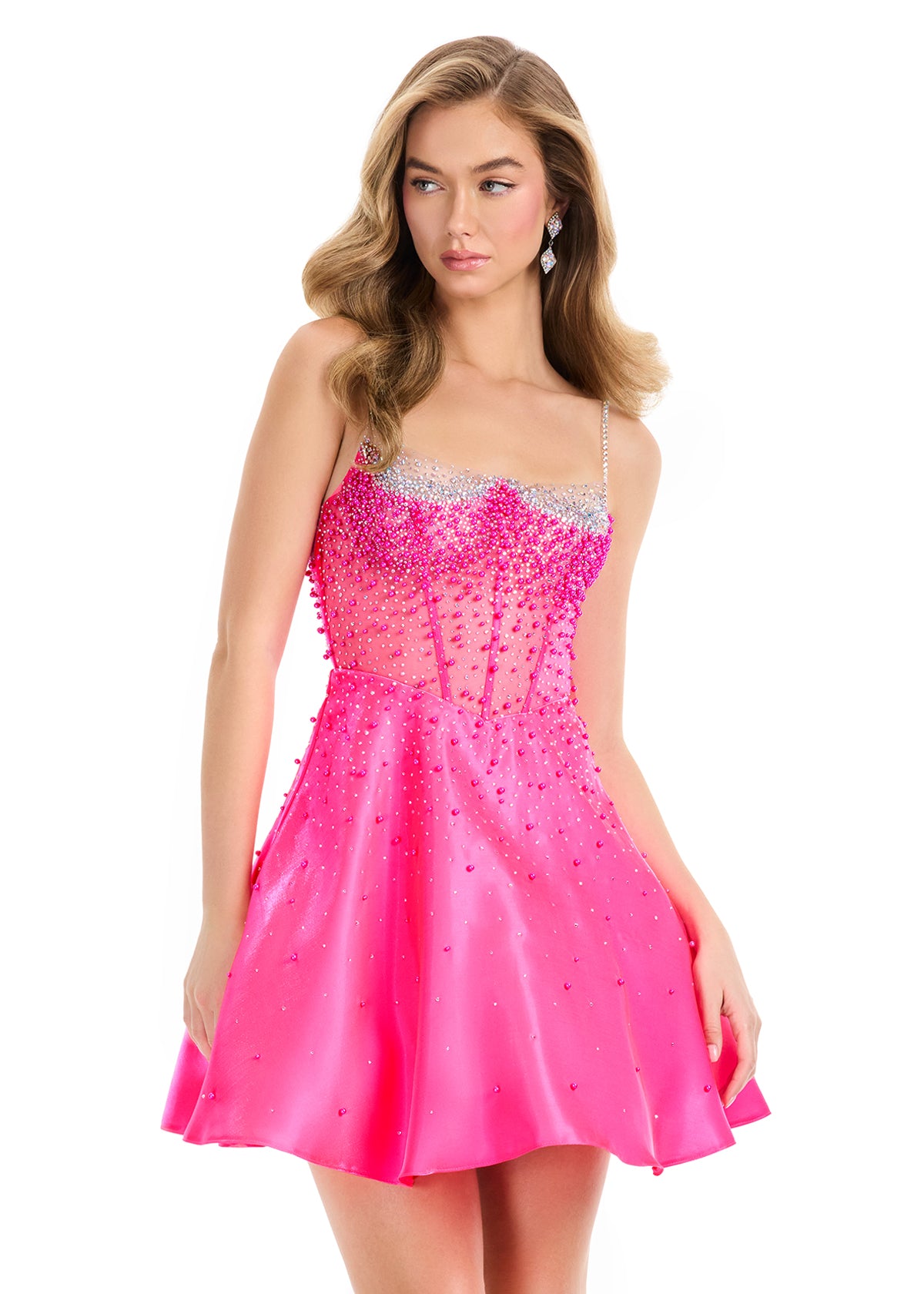Lilia Mini Dress | Hot-Pink Satin Mini Dress with Beaded Mesh Neckline