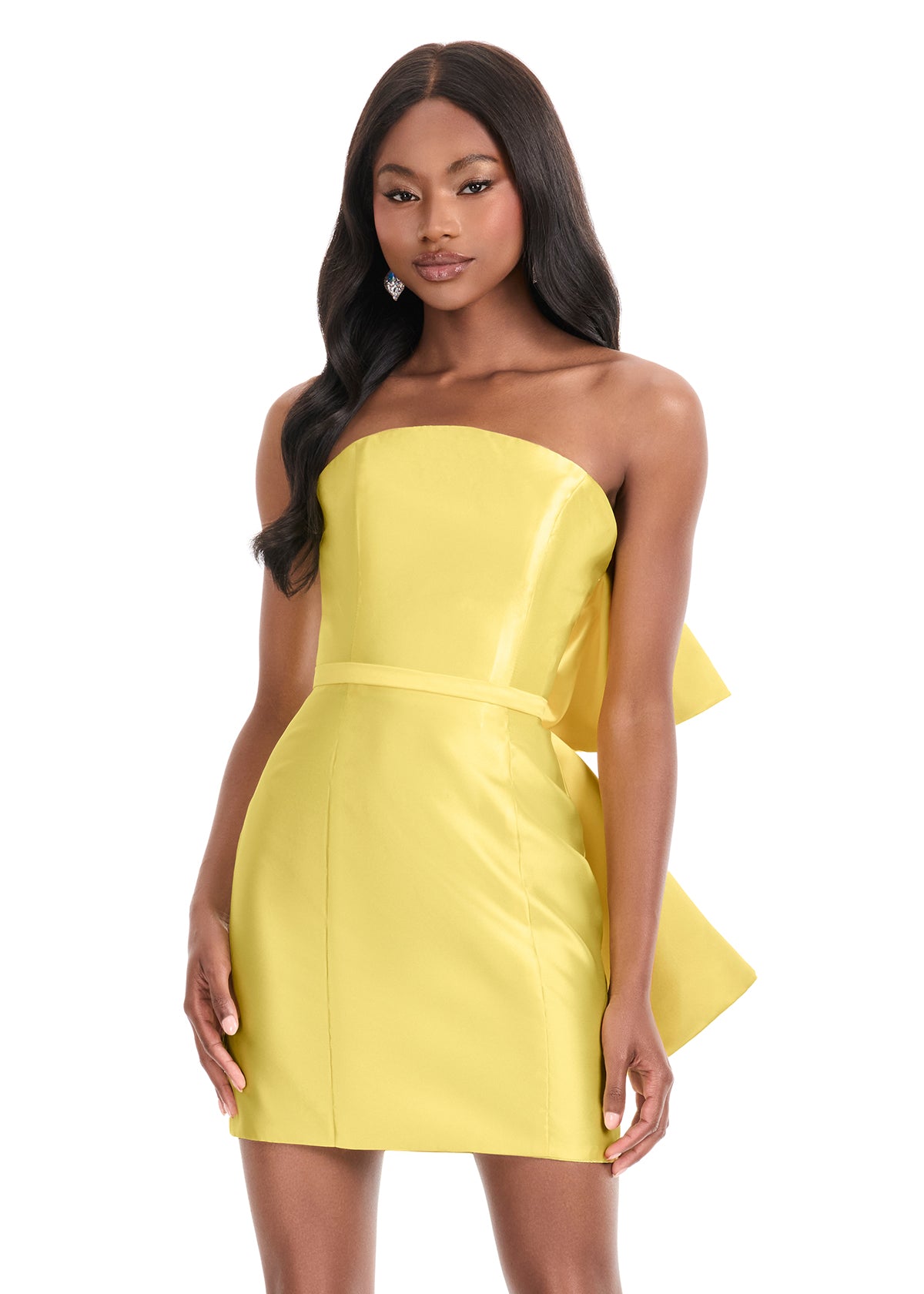 Makari Mini Dress | Yellow Strapless mikado mini dress with sculpted silhouette, oversized bow detail and bold couture style