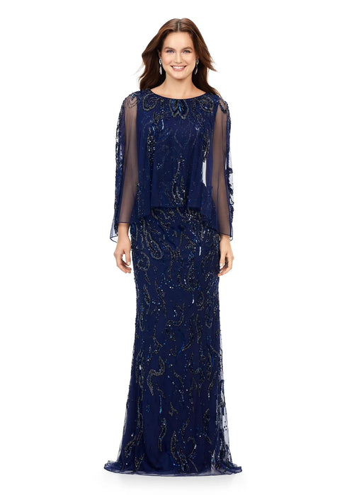 Darcie Gown | Navy Evening Gown with Crew Neckline, Hand Beaded Sequin Motif, Sheer Overlay and High Back for Galas, Formal Soirées and Special Events