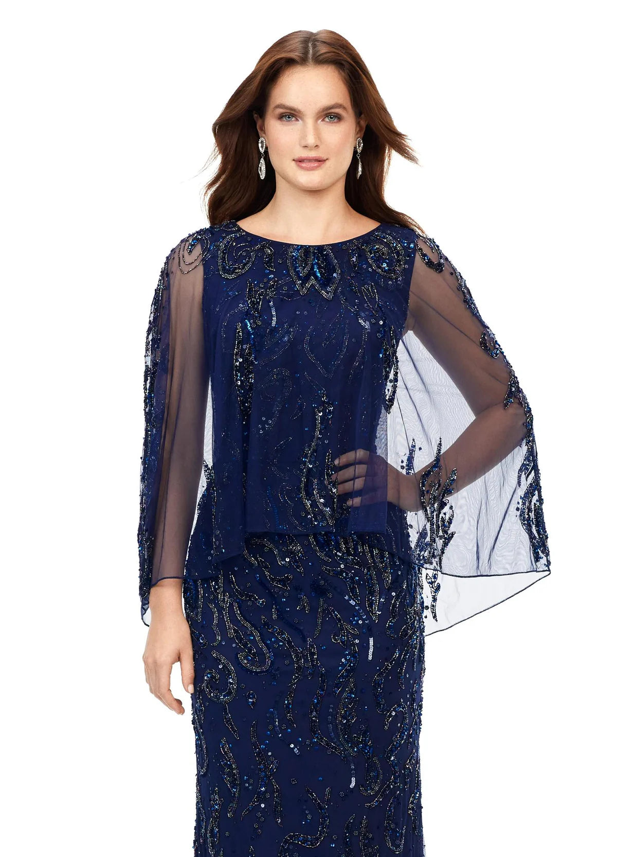 Elegant navy blue evening gown with a beaded design, sheer cape-style overlay, and a floor-length silhouette for a refined and sophisticated look.