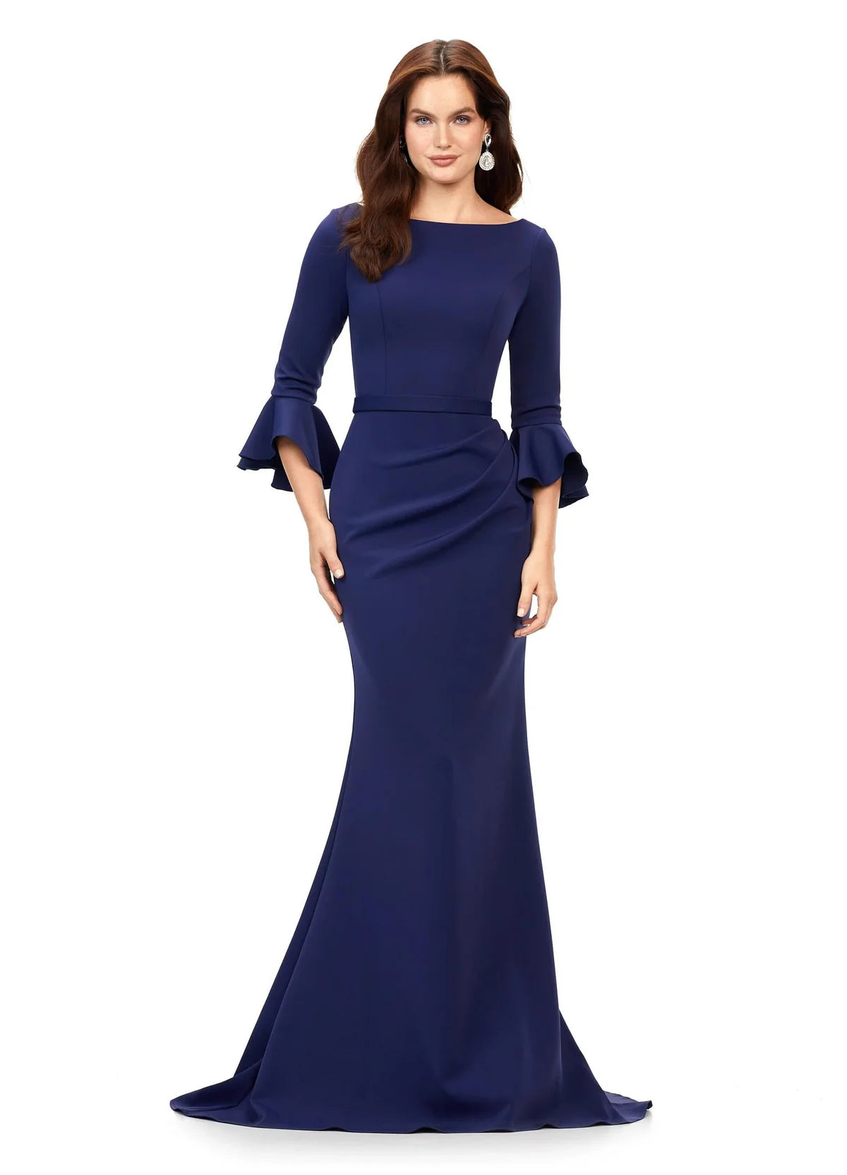 Classic long-sleeve evening gown featuring a boat neckline, fitted waist, flared ruffle cuffs, and a floor-length skirt with elegant draping.
