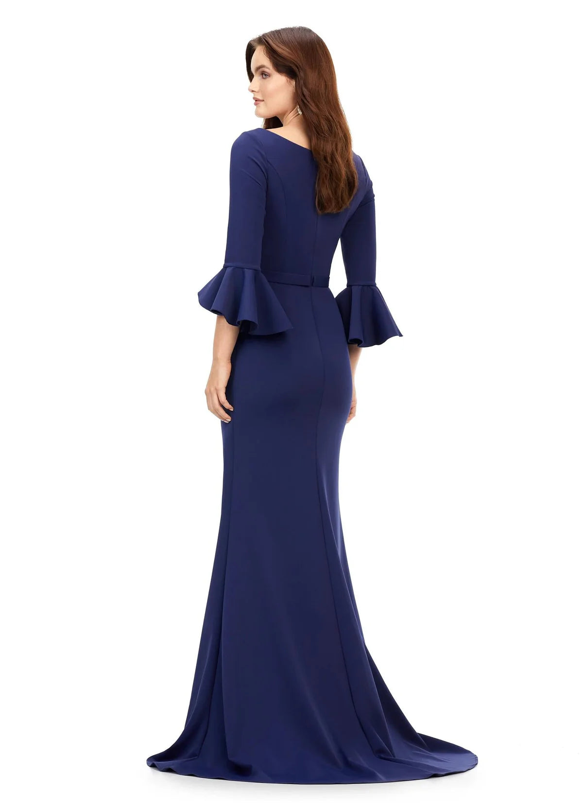 Back view - Deep blue classic long-sleeve evening gown featuring a boat neckline, fitted waist, flared ruffle cuffs, and a floor-length skirt with elegant draping.
