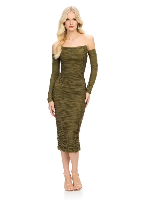 Bailey Midi Dress | Olive featuring shimmering heat set stones, a fitted silhouette and detachable sleeves, perfect for cocktail parties, formal dinners or nights out