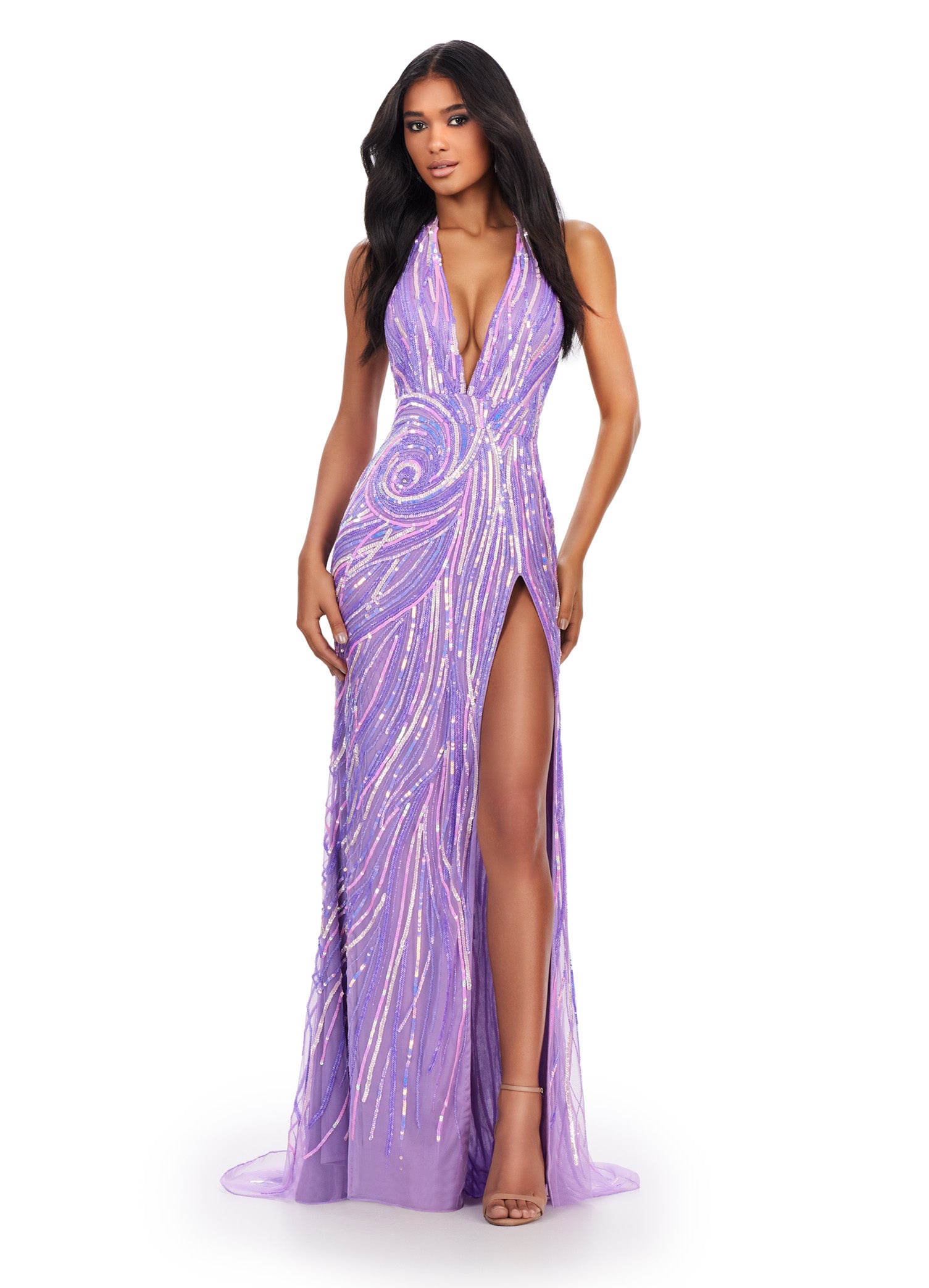 Orchid Halter Neck Sequin Evening Gown with Plunge Neckline and Thigh-High Slit – Glamorous Formal Wear