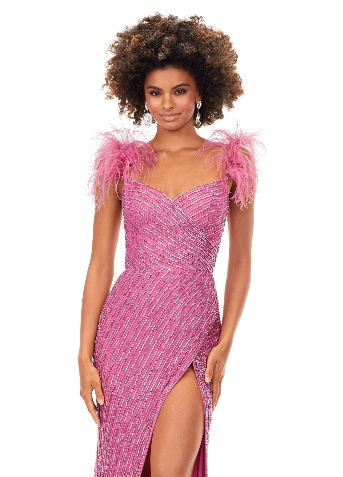 Pink Beaded Evening Gown With Sweetheart Neckline, Feathered Shoulder Accents, High Slit, and Fitted Silhouette