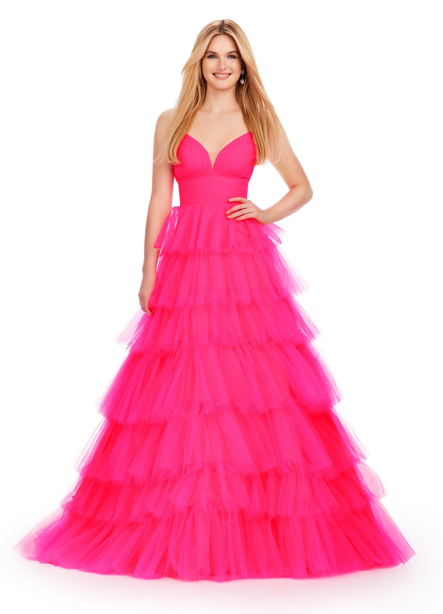 Hot Pink Tiered Tulle Ball Gown with Plunge Neckline – Dreamy and Elegant Evening Dress