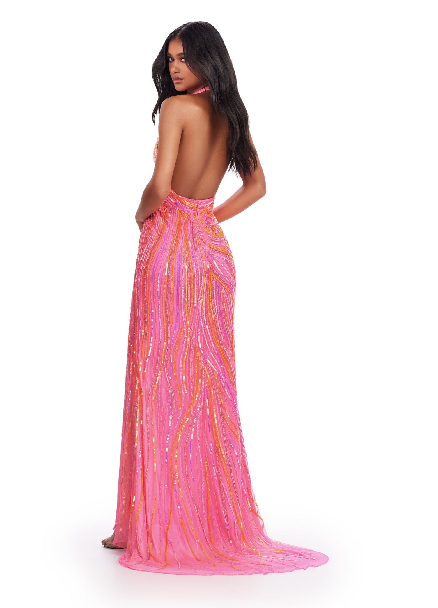 Pink and Purple Halter Neck Sequin Evening Gown with Plunge Neckline and Thigh-High Slit – Glamorous Formal Wear