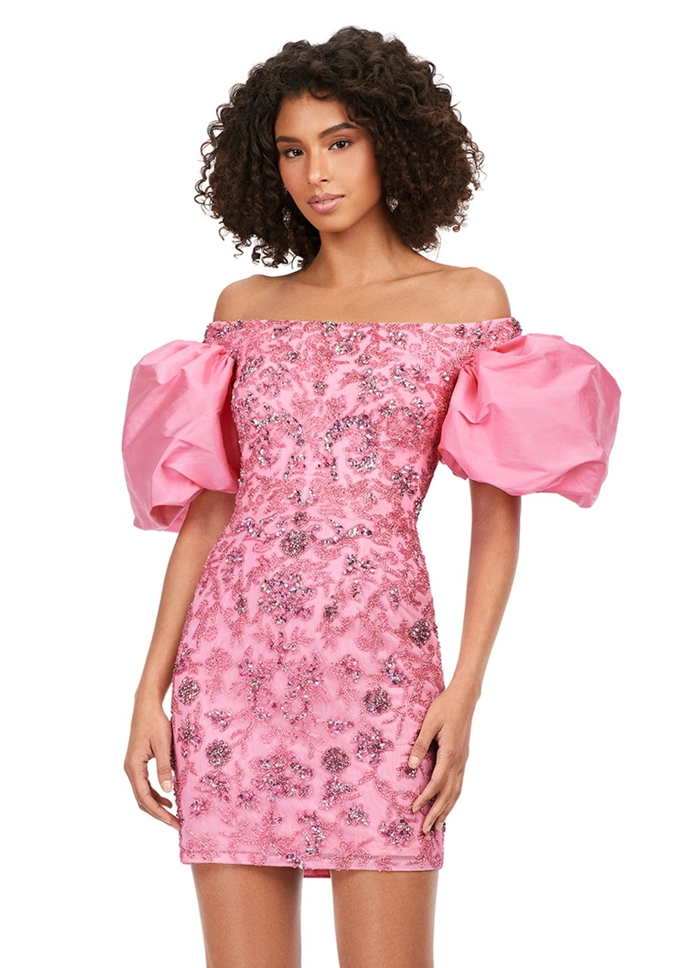 Pink Off-The-Shoulder Mini Dress With Intricate Beading And Oversized Puff Sleeves.